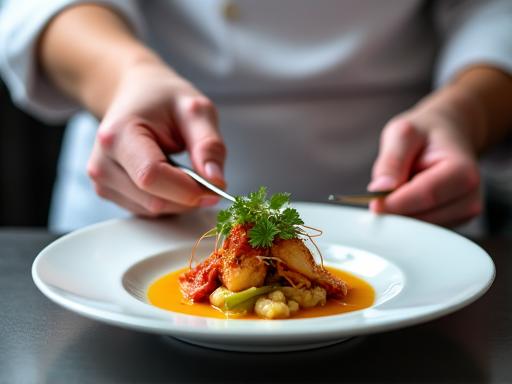 Close-up of a chef meticulously plating a gourmet dish