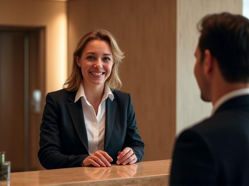 A smiling concierge warmly greeting a guest at the front desk