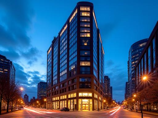 Exterior view of The Vancouver Pinnacle Hotel at dusk