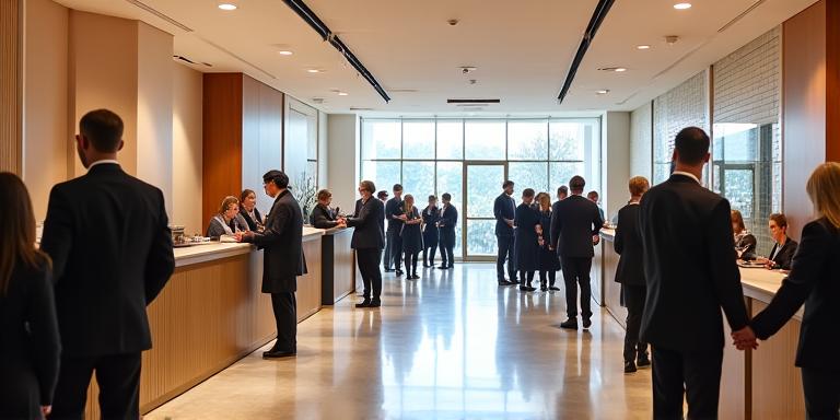 A bustling but organized hotel reception area